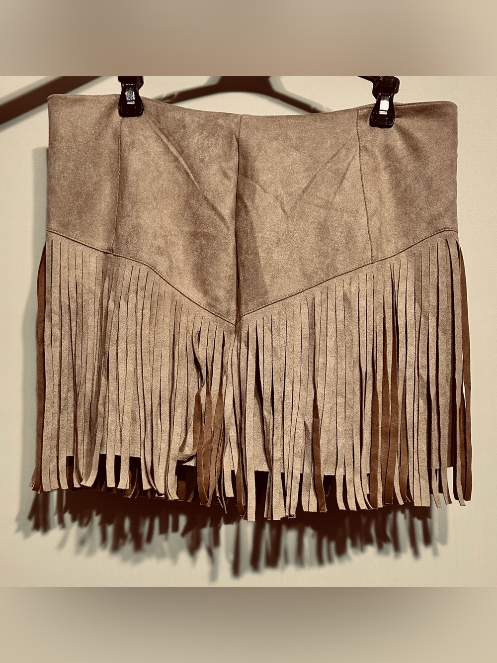 Fringed Suede Mini Skirt in Taupe